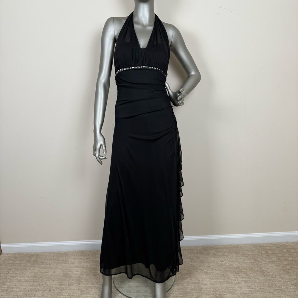 Cache Black Halter Long Evening Dress Chiffon Ruching, Ruffle Rhinestones Party
